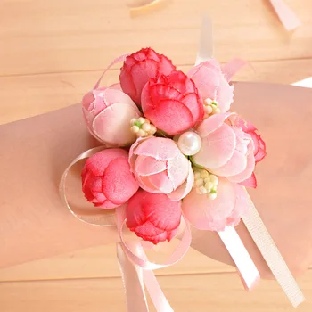 

12 Pieces Wedding Bridesmaid Wrist Flower Sisters Hand Flower Romantic Simulation Fabric Pearl Wrist Flower Wedding Supplies