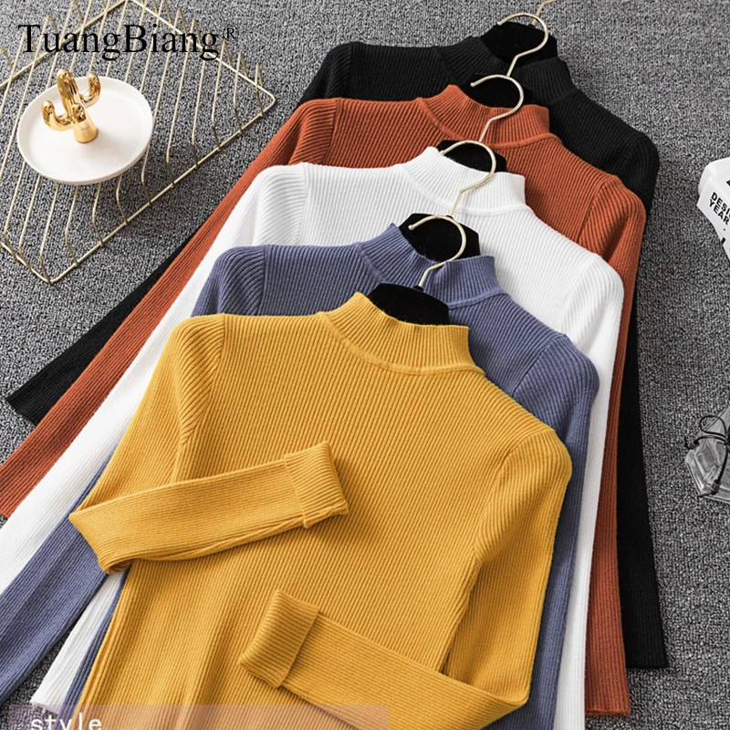 

elegant Women Turtleneck Full Sleeve stripe Sweaters 2019 Knitted Basic elasticity Pullovers Autumn Lady Winter Slim knit Jumper