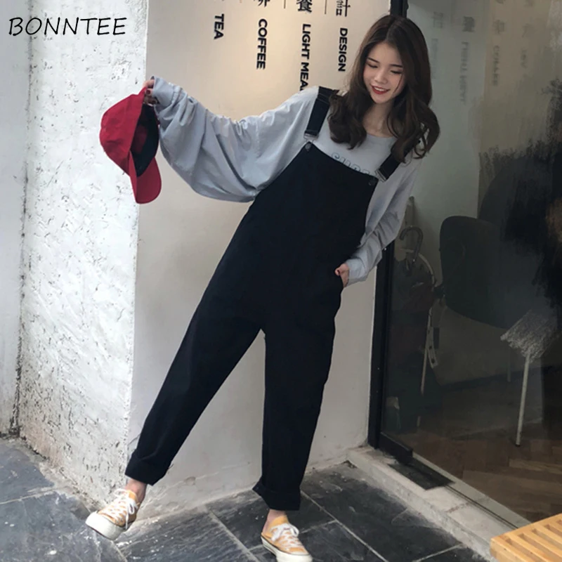 

Jumpsuits Women Retro Simple All-match Pockets Korean Style Female Ankle-Length Trendy Womens Students Jumpsuit Leisure Loose