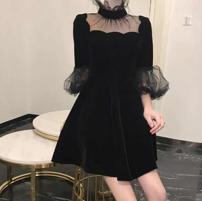 

2019 Summer Velvet Dress Women Chic Solid Black Ladies Mesh Patchwork Half Pull Sleeve Vintage Fashion Dresses