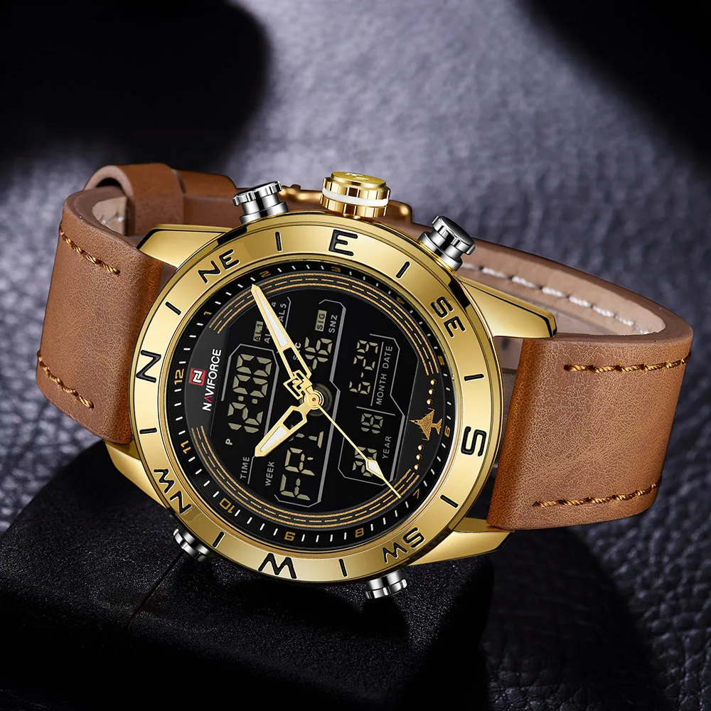 NAVIFORCE 9144 модные золотые мужские спортивные часы светодиодные аналоговые