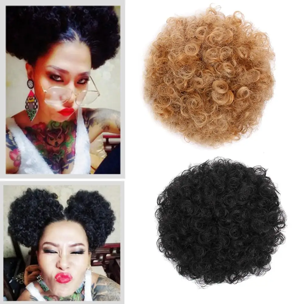 Short Kinky Curly Hair Wig Synthetic Afro Cute Puff Wig Extension