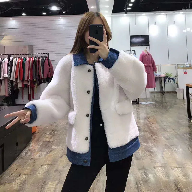 

2019 new fashion korean sheep fur coat parka real price women clothes winter Jean jacket with turn-down collar wool fur overcoat