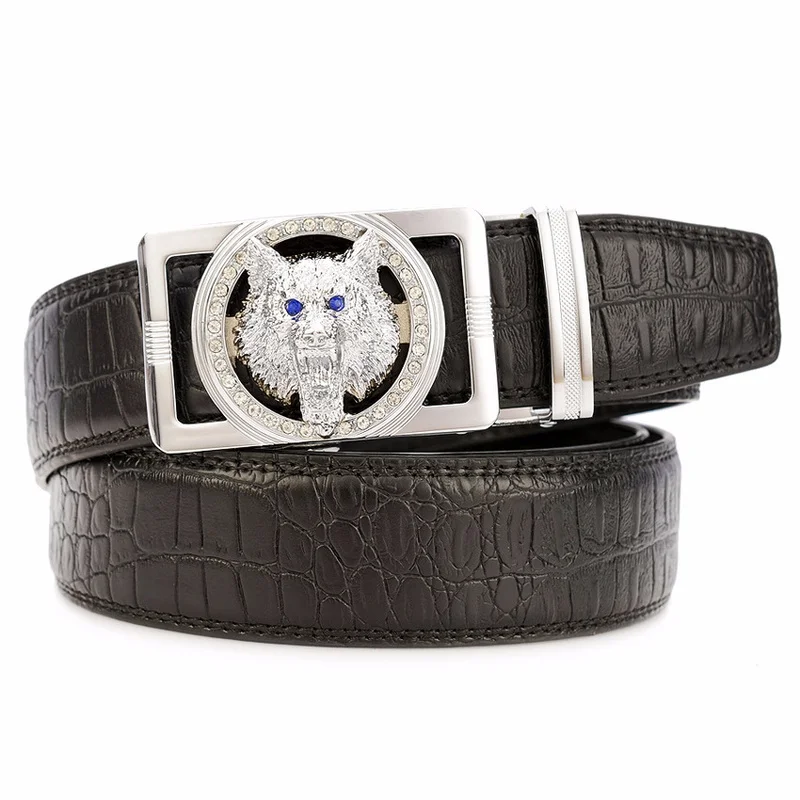

ZAYG Men Business Belt Men Genuine Leather Crocodile Grain Automatic Buckle Belt Diamond Wolf Buckle Fashion Leisure Jeans Belt