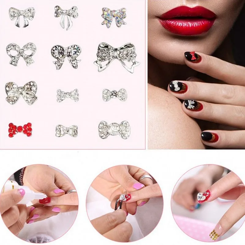 

10PCS Silver Bow Tie Nail Alloy + Crystal AB Rhinestones Tiny Bow Glitter Charm 3D Nail Jewelry Nail Art Decorations Mlll153-170