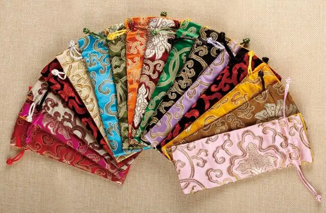 5 pcs 7x18CM,Drawstring Bag Silk Pocket jewelry pouches propitious cloud pattern mixed color Chinese traditional silk bag