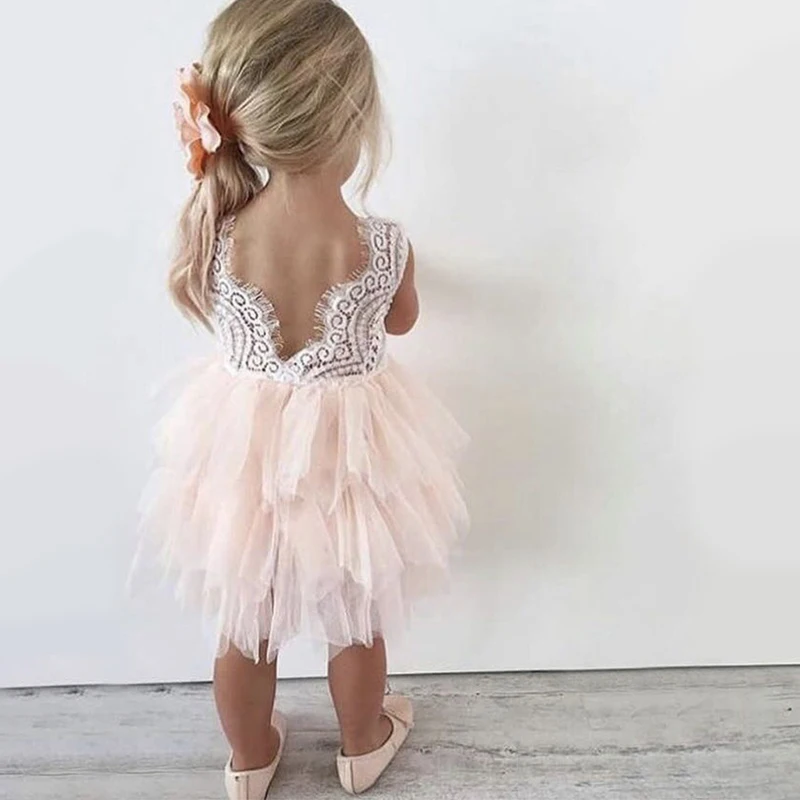 Летнее кружевное длинное платье-пачка принцессы для девочек, одежда для девочек праздничный костюм для маленьких детей розовое платье с открытой спиной и неровным бисером, Размер 8T