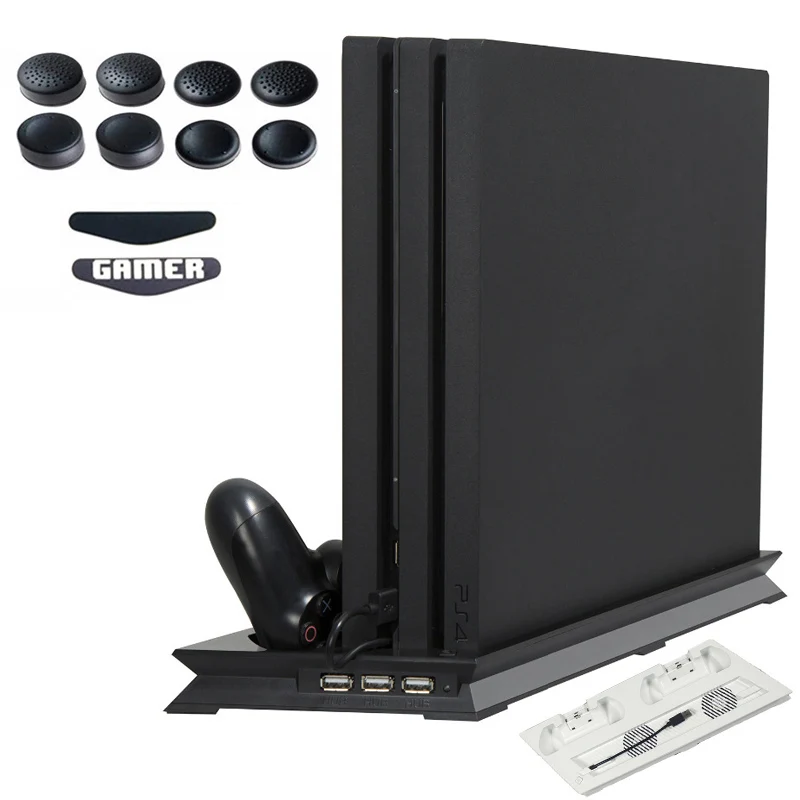 Baratos PS4 PRO Base de disipador de calor ventilador de refrigeración Vertical cargador soporte Dual controlador de carga Dock para Playstation 4 PS 4 Pro Accesorios