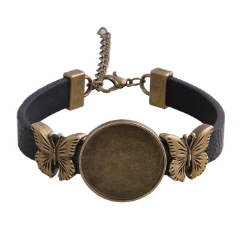 

1pcs 6 Color PU Bracelet Bronze Butterfly Base Setting Cuff Blank Trays Brazel Fit 25mm Glass Cameo Dome Cabochon DIY Jewelry