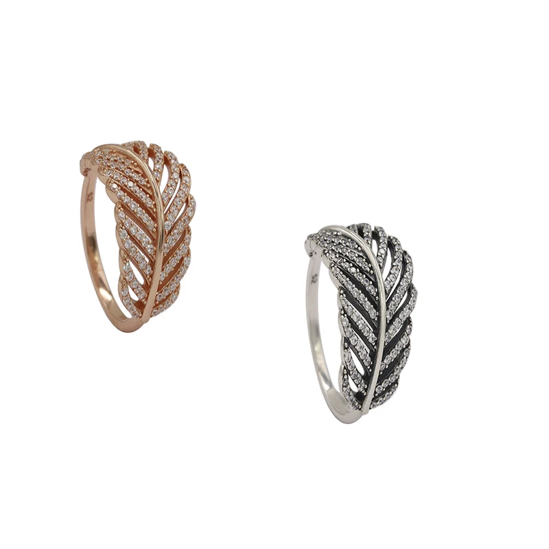 

100% 925 Sterling Silver Rose Gold Light As A Feather Ring with Clear Cubic Zirconia for Women DIY Jewelry