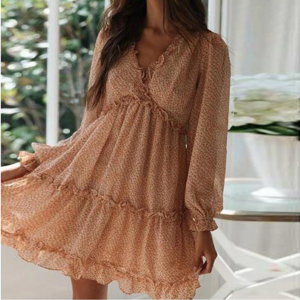 

Tosheiny 2019 Women Summer V Neck Long Sleeve Floar Print Dresses Bohemian Elegant Ruffles Dresses DM0200