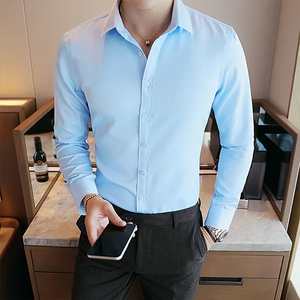 FuyBill Однотонная рубашка с длинным рукавом мужская Корейская Молодежная однобортная полиэстер тонкая деловая Повседневная Однотонная рубашка - Цвет: Синий