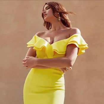 

2018 Elegant Solid Sexy Brief Summer Dress Yellow White Black Short Sleeve Off Shoulder Ruffles Split Chic Women Celebrity Festa