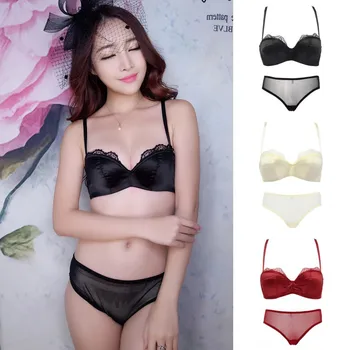 

Lace Glossy Half Cup Gathered Bra + Panties Set Comfortable Breathable Solid Color Bra