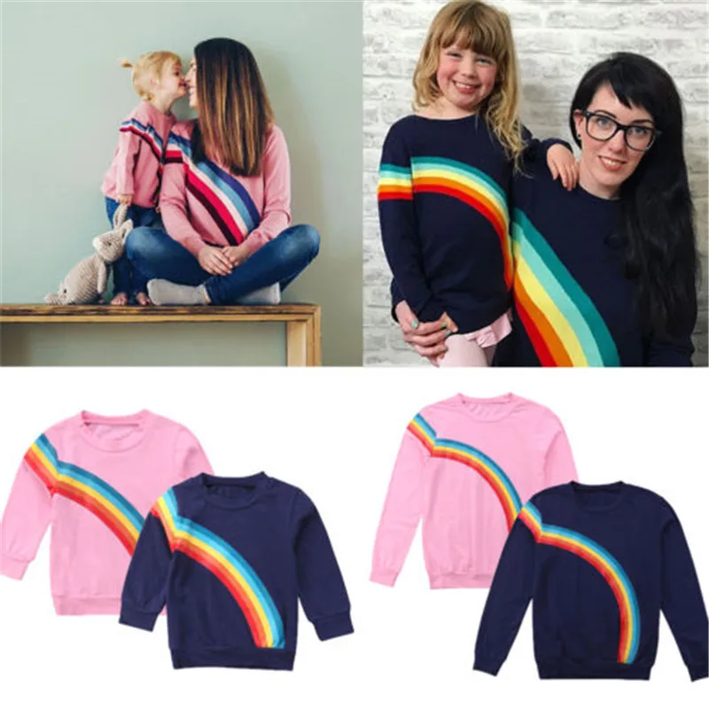

Autumn Family Matching Clothes Mother Daughter Womens Girls Long Sleeve Cotton T-Shirts Casual Rainbow Long Sleeve T-Shirt