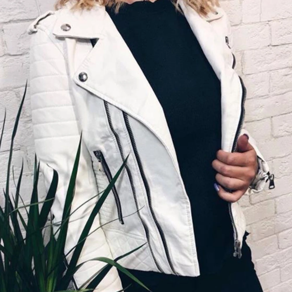 

Blue Lozenge Soft Faux Leather Jackets Zipper Slim Long Sleeve Solid Turn-down Collar Outwear Female Ladies Motorcycle Jackets