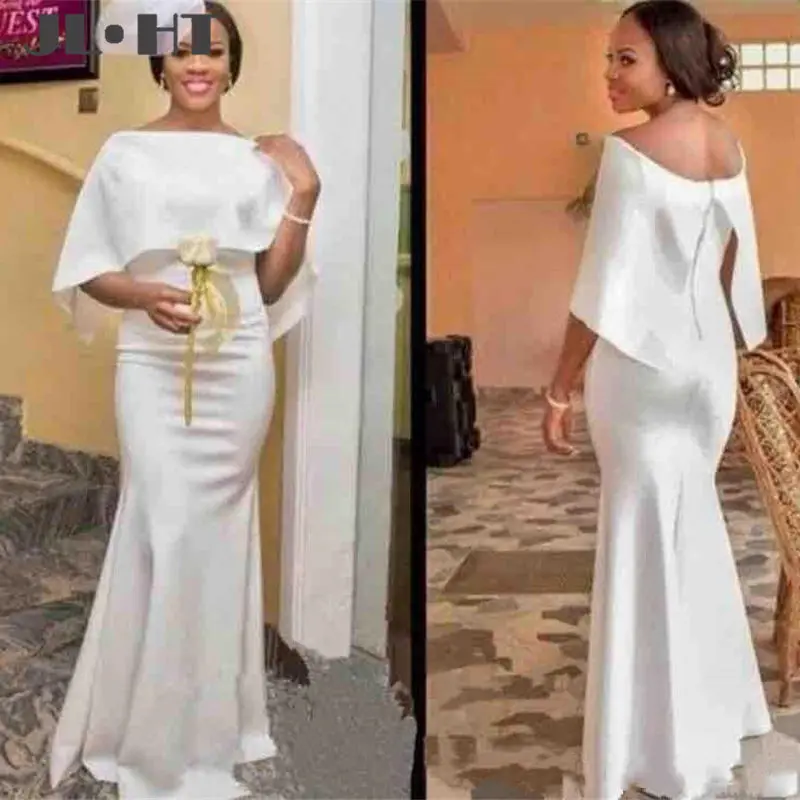 

Elegant White Evening Dresses Mermaid Boat Neck Floor Length Off Shoulder Zipper Ruched Simple Evening Gown