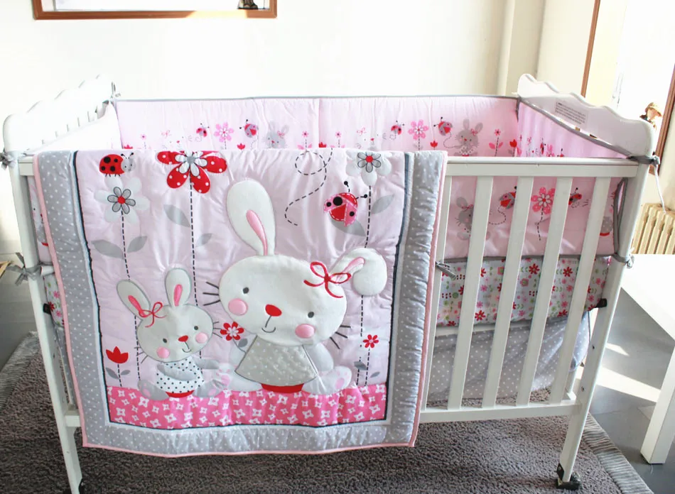 

Promotion! 7PCS embroidered Cotton Crib Sheets Baby Bedding Set Cartoon Crib Bed Set,include(4bumper+duvet+bed cover+bed skirt)