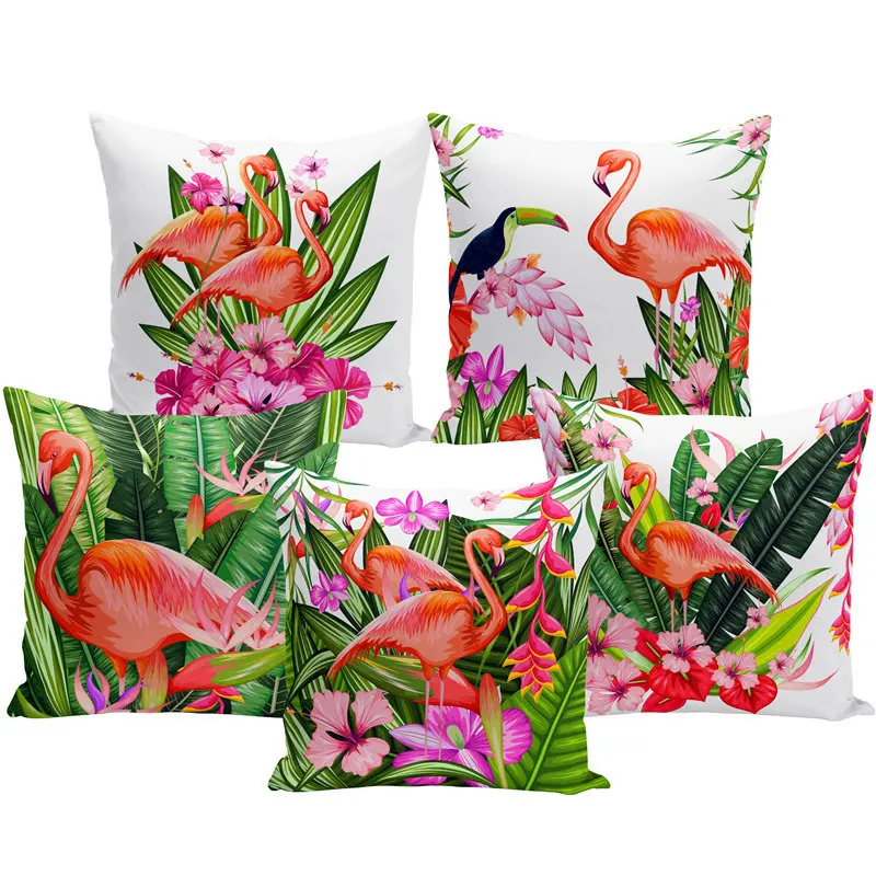

Watercolor Printed Cushion Cover Flamingo Bird Tropical Plants Flower Decorative Pillowcase Decorative Living Room Sofa Home