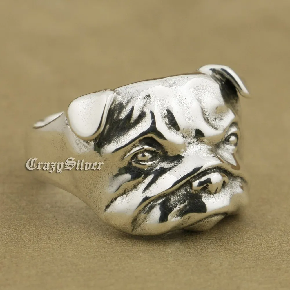 925 Sterling Silver Cute Shar Pei 3D Dog Mens Biker Punk Animal Rings Gift TA33B 
