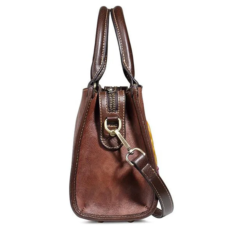 Genuine Leather Bag Female Top Handle Messenger Bags Flower Embossed Retro Design Handbag Natural Skin Women Tote Shoulder Bag