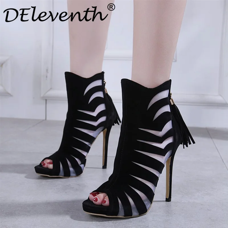 

DEleventh Women's sandals boots 2018 mesh hollow tassels stilettos high heels sexy peep toe zip party dress woman shoes for lady