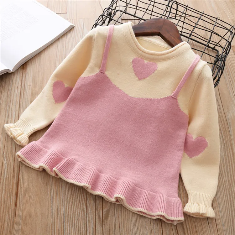 Fanfiluca Toddler Girls Sweaters Fake two Piece Heart  Outerwear Children Round Collar Pullovers Baby Girl Cotton Knit Sweaters0003