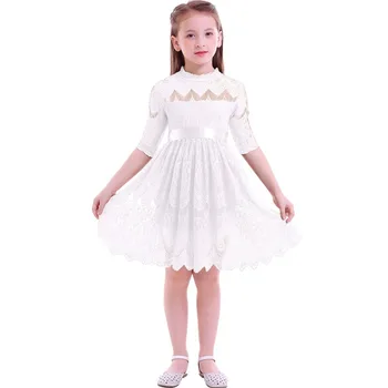 

Elegant White Lace Dress for Girls Baby Kids 3/4 Sleeves Pleated Waist Belt Princess Dress Birthday Wedding Kids Girls Dress