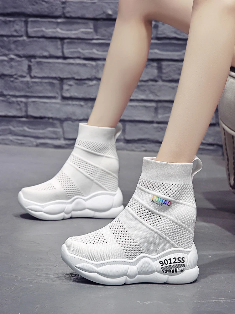 

2019 new summer elastic socks shoes women's high to help breathable mesh thick-soled cakes increased sneakers