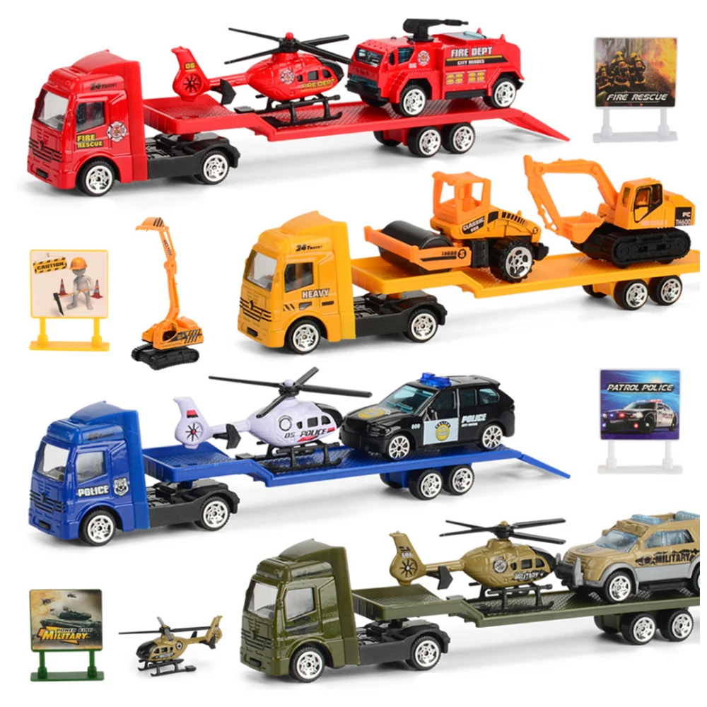 NUOBESTY Trailer Toy Set Flatbed Trailer fire Truck Toy fire Engine Truck and Helicopter Rescue Vehicles Set Pull Back and go Toys 1:64