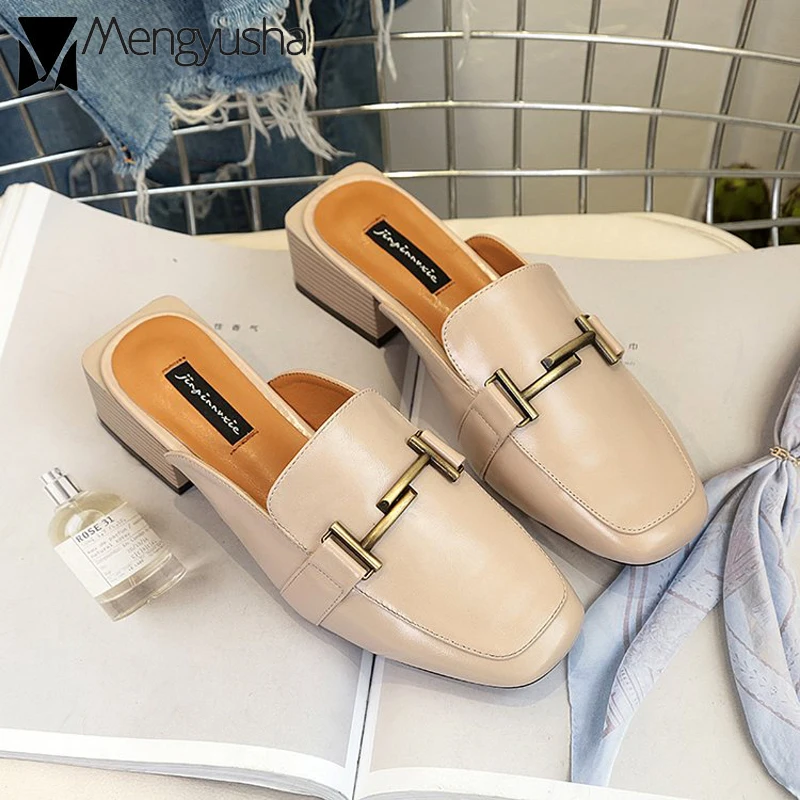 

European Famous Brand Women Mules Slippers Metal Buckle Slides Shoes Lady Square Toe Med-Thick High Heels Slides Wedges Sandals