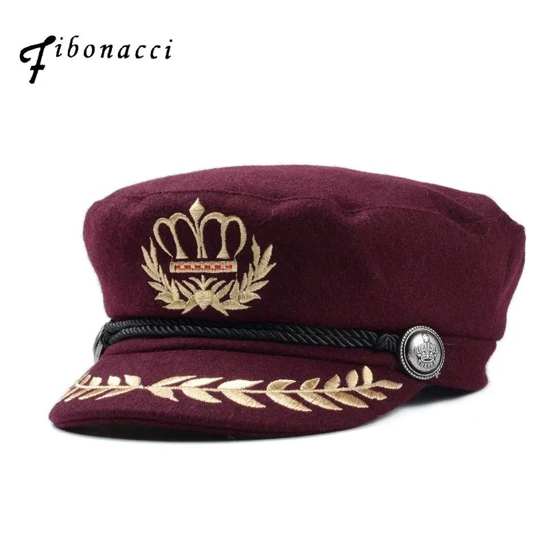 

Fibonacci Fashion Women Military Hats Style Wool Blend 3 Colors Work Cap Stewardess Sailor Hat