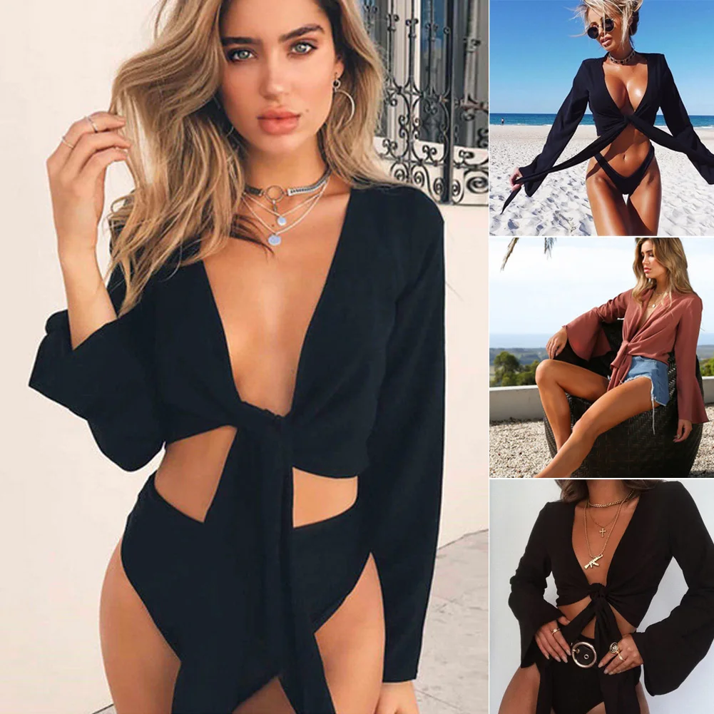 Sexy Women V- Neck Long Flare Sleeve Bow Tie Bandage Tee Top JKP4301