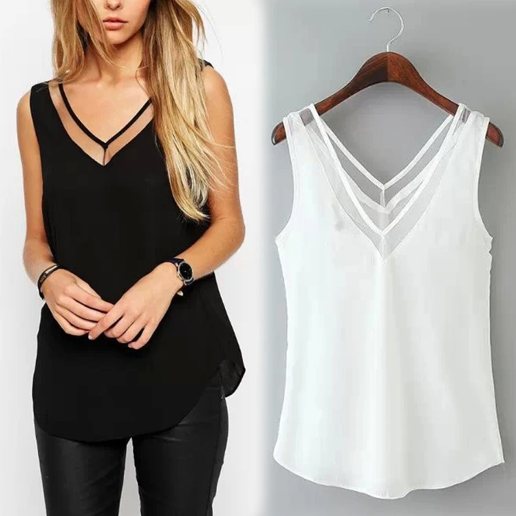 

2017 Summer Women Chiffon Mesh Patchwork Sexy V-Neck Tops Casual Loose Sleeveless Shirts Blusas femininas