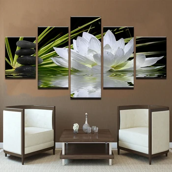 

Home Decoration Posters Modular Picture Wall Art 5 Panel Pebbles Lotus Living Room HD Printed Modern Painting On Canvas Frame