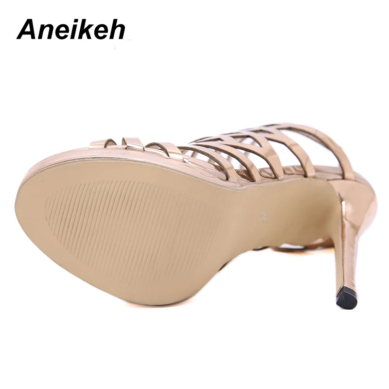 Aneikeh/ г., летние женские босоножки сандалии-гладиаторы на высоком каблуке с вырезами обувь для вечеринок из лакированной кожи золотистого цвета, Прямая поставка