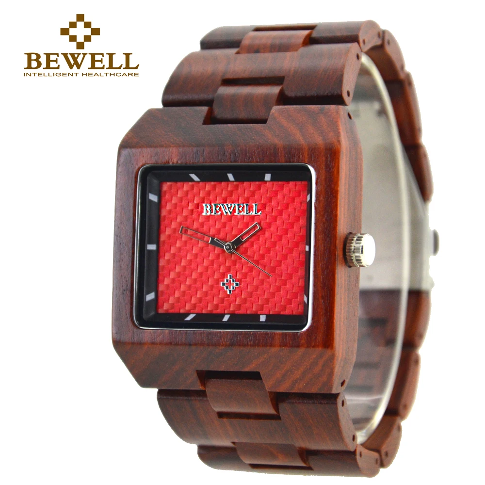 

BEWELL Men's Watch Large Size Wooden Watch Man Maple Sandalwood Watch Rectangle Dial Analog Display Brand Design 016A