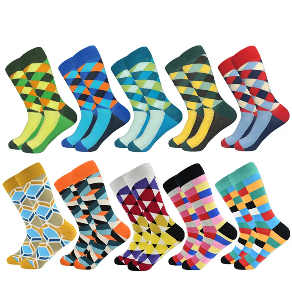 10 pairs of socks Горячая Распродажа повседневные мужские носки новые носки Осень и зима клетчатые Цветные счастливые деловые вечерние Хлопковое носки мужские - Цвет: 10 pairs of socks