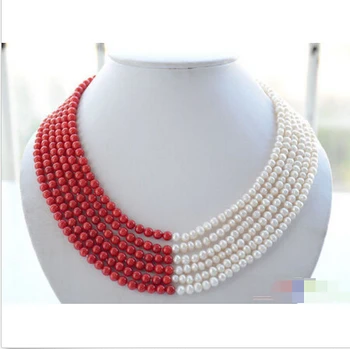 

P4676 6row 6mm white round freshwater pearl red coral bead necklace ^^^@^Noble style Natural Fine jewe FREE SHIPPING