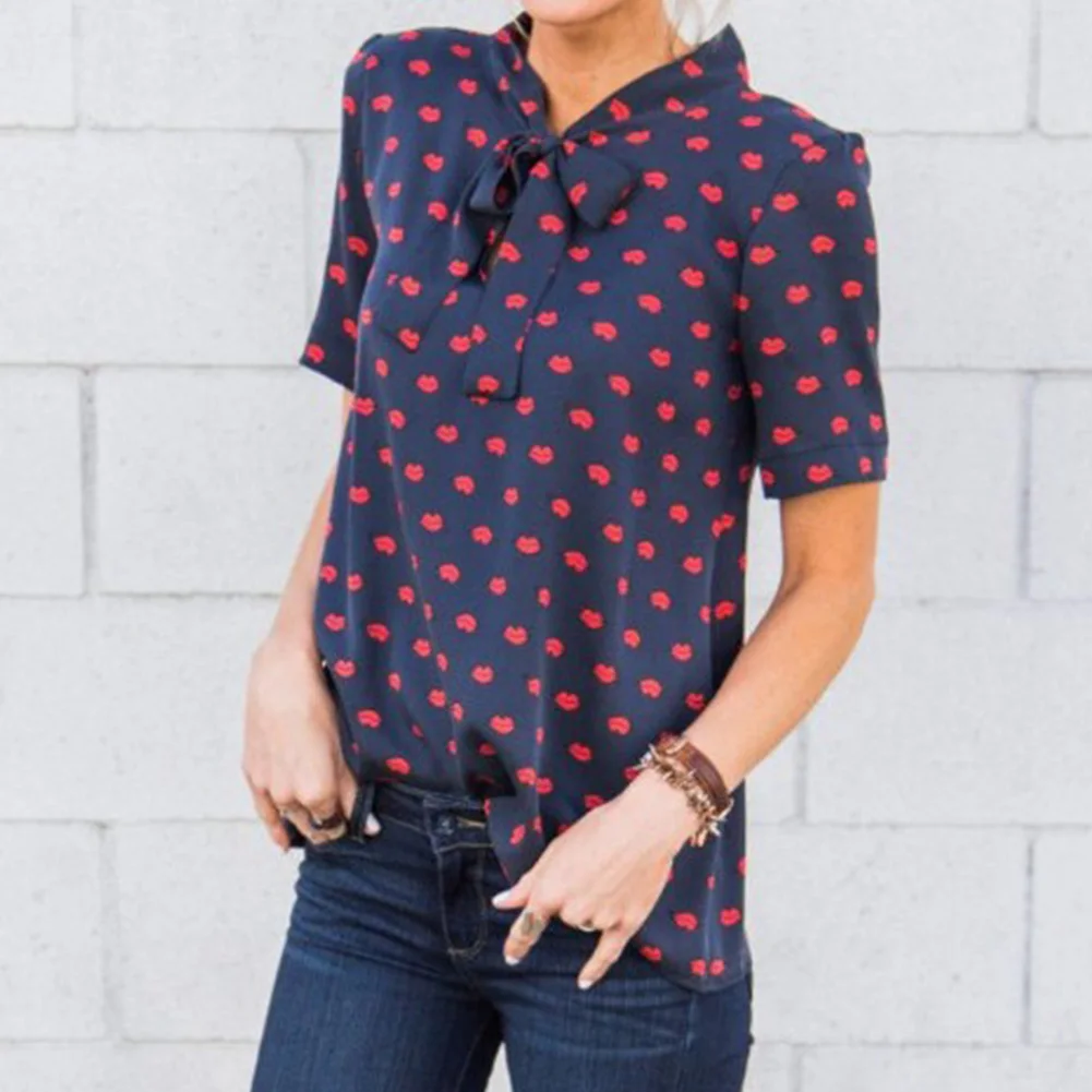 

Bowknot Bandage Summer Loose Daily Blouse Work Women Shirt Casual Soft Shopping Printed Lightweight Short Sleeve Pullover