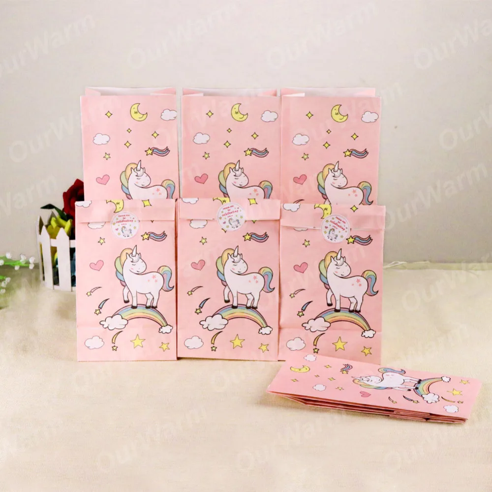 OurWarm 12 шт. бумажные подарочные пакеты с единорогом, розовый мешок для конфет для единорога, вечерние коробки для конфет на день рождения, праздничные принадлежности для дня рождения