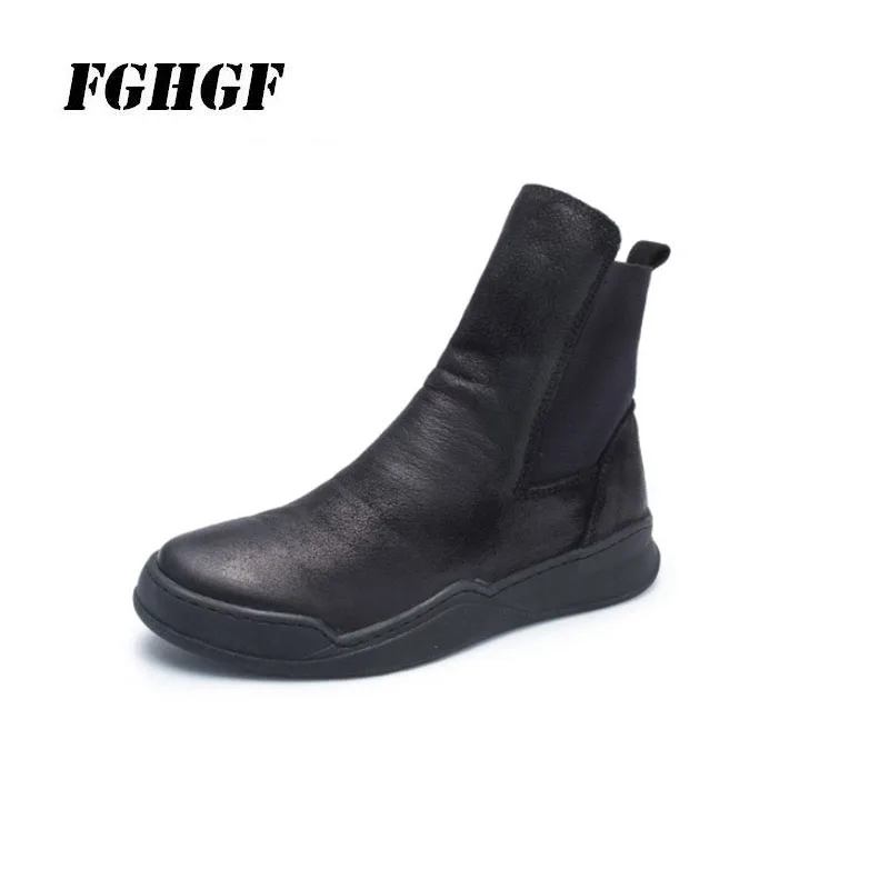 

Leather female ankle boots autumn and winter leisure round head flat bottom single boot layer bovine leather boots children