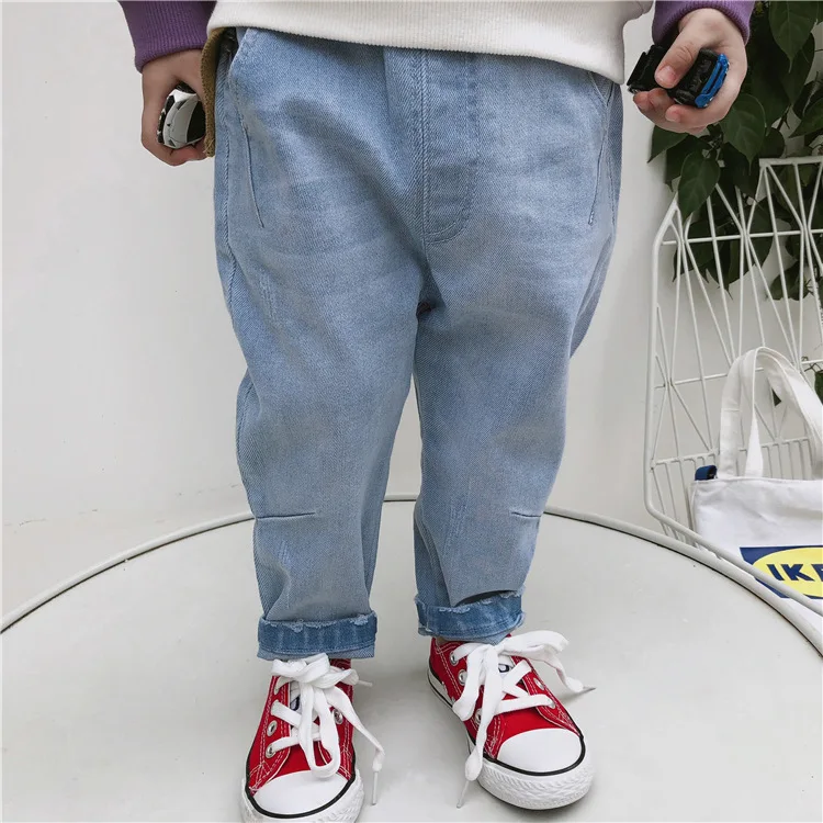 2019 для маленьких мальчиков джинсы для девочек детские однотонные повседневные джинсы дети эластичный пояс Костюмы штаны на весну-осень