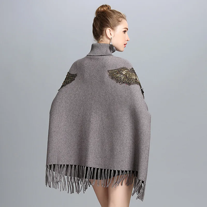 SC161 2018 Autumn Winter Long Knitted Women Eagle Appliqued Sweater Fashion Long Batwing Sleeves High Neck Stole Tassel Poncho