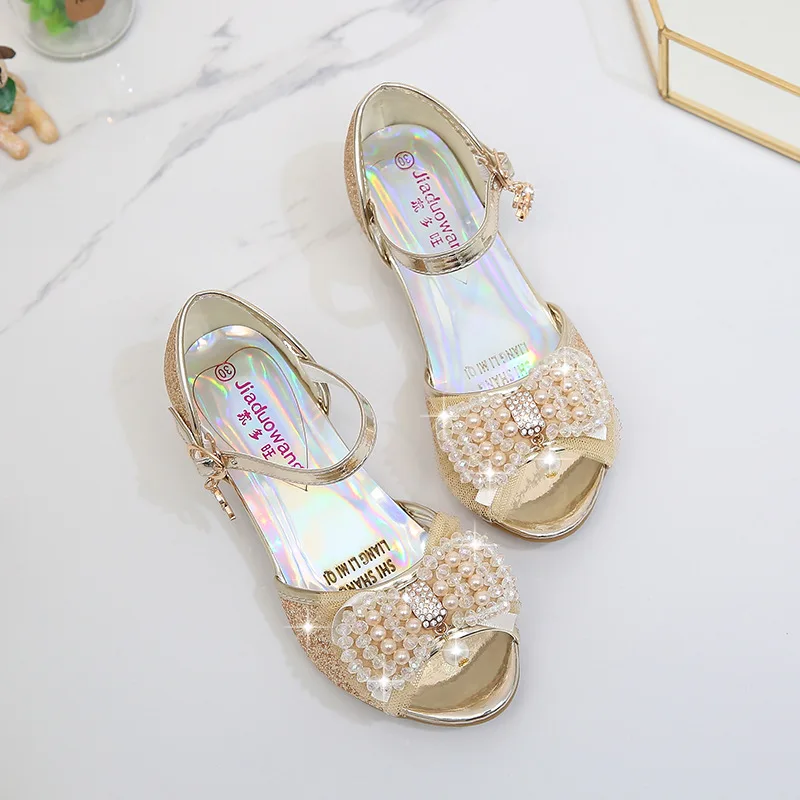 Princess Style Party Shoes Children Sandals Girls Glitter Wedding Crystal High Heel Shoes Open Toe Kids Sandals for Girl CSH819