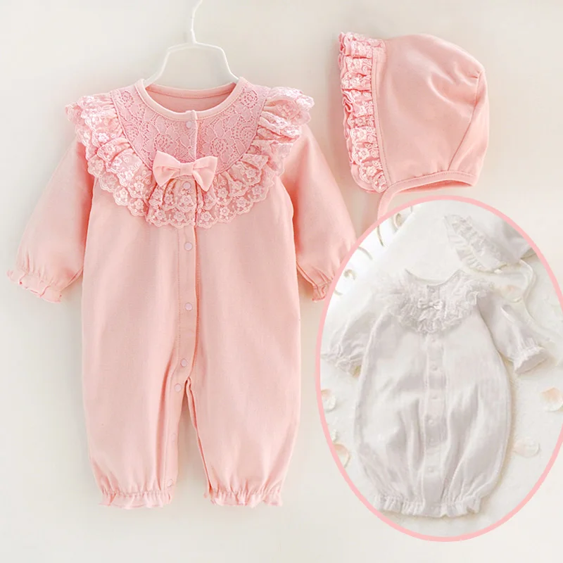 Newborn Baby Girl Clothes Sets Lace Bow Princess baby Jumpsuit+ Hats pink princess romper 0 3 6 months Sleeping Bag