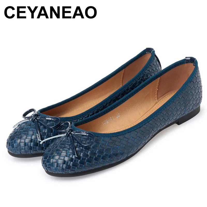 

CEYANEAOLadies Casual Flat Shoes Spring Bowtie Flats Women Round Toe Slip-on BalletFlats Knitted PuLeather Ballerinas FlatsE2062