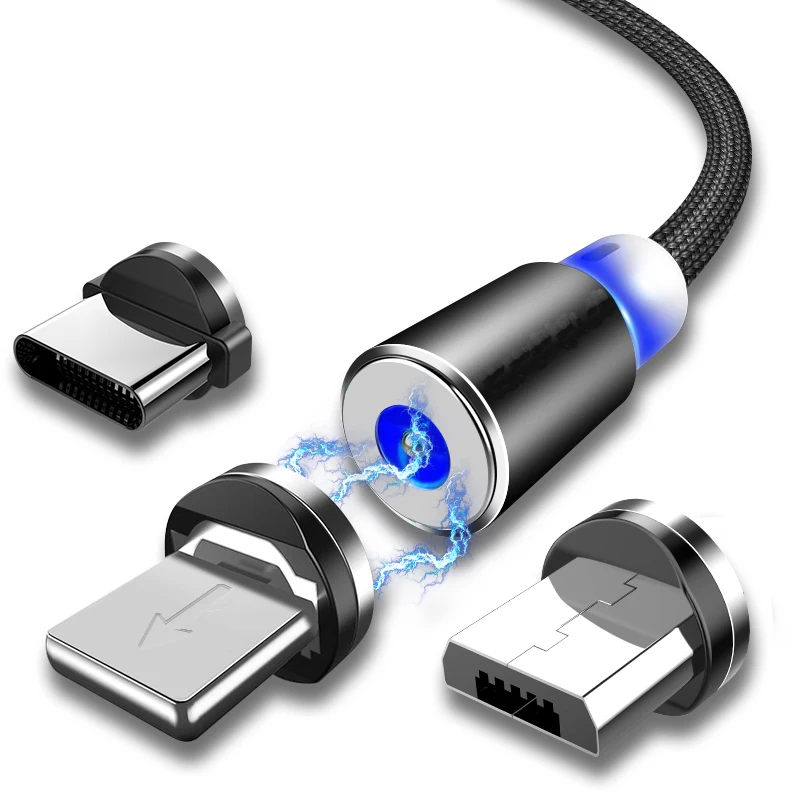 Магнитный светодиодный кабель в оплетке, 1 м, Micro USB, магнитный usb-кабель для зарядки Apple iphone X 7 8 6 Xs Max XR samsung s9