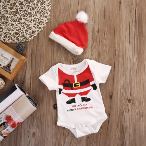 

New Christmas Clothes Newborn Baby Girl Boy Bodysuits Hat Outfits Santa Claus Cotumes