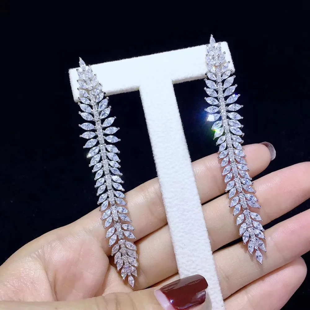 

long earring 925 sterling silver with cubic zircon leaf drop earring olive branch fashion women jewelry for party free shipping